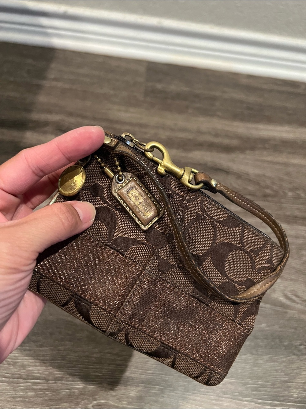 Coach Y2K Brown Signature Canvas Wristlet with Gold Hardware